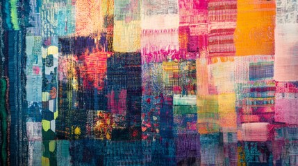 Fototapeta premium Vibrant abstract textile artwork showcasing a colorful patchwork of patterns and textures