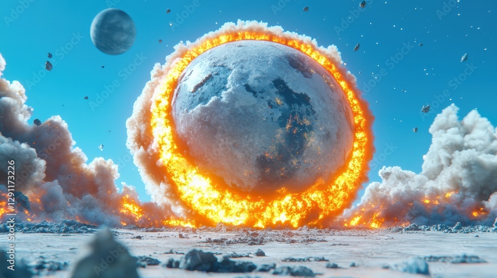 Poster exploding planet with fiery ring in a cosmic scene.