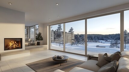 A modern living room overlooking a snowy winter landscape
