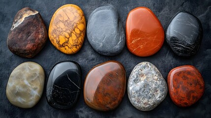 Naklejka premium Aerial view of polished goose stones in earthy tones showcases natural rock textures. Mixed browns, grays, and blacks are enhanced by gentle morning light, creating a minimalist