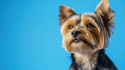 A close-up of a Yorkshire Terrier against a vibrant blue background