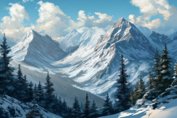 Obraz premium Panoramic view of snow covered Rocky Mountains and pine forest under blue sky with white clouds