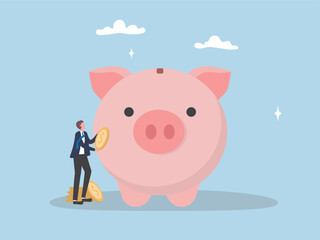 Businessman put gold coin in piggy bank. Concept of saving money, financial retirement planning, growth business, high return investment, profits increase, money management flat vector illustration.
