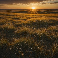 A golden sunset illuminating endless grasslands, with tiny white stars beginning to twinkle in the sky.