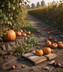 Cozy autumnal pumpkin patch with a worn leather journal nestled among the vines, nature, leather, earthy
