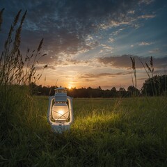 A glowing sky over a peaceful meadow, with a white lantern lighting up the soft grass around it.