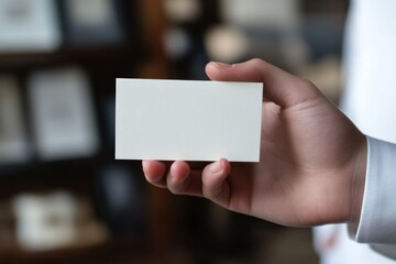 Person holding a blank business card in an office environment