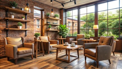 Fototapeta premium Cozy coffee shop with comfortable armchairs and wooden tables, furniture, comfortable