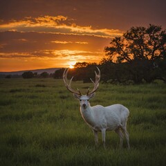 A serene scene of green grass under a fiery orange sunset, with a lone white deer in the distance.