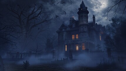 Obraz premium Eerie Haunted House Horror Scene Background with Spooky Atmosphere, Creepy Victorian Mansion, Ghostly Shadows, and Halloween Decoration for Dark Fantasy Design