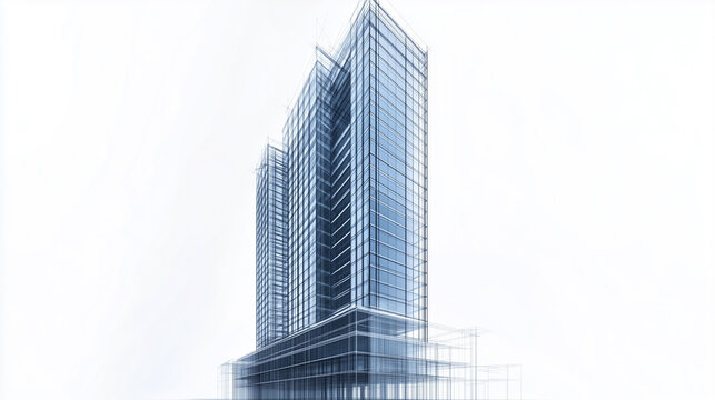 A conceptual high-rise skyscraper presented in an innovative blueprint-style architectural rendering, featuring a transparent steel frame and detailed structural blueprints