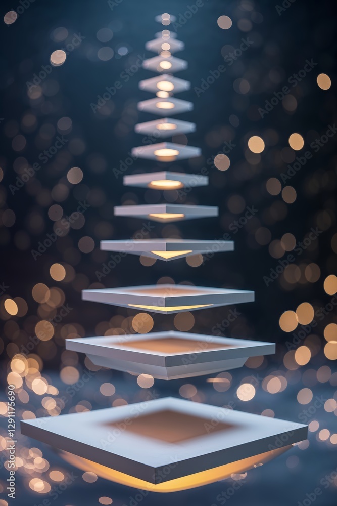 Poster unique visual of floating illuminated platforms with sparkling bokeh effect in a creative light disp