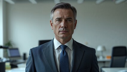 Fototapeta premium A middle aged male businessman in a suit in an office on a plain background