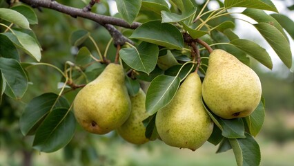 Close-up of ripe pears hanging on a tree branch amidst green leaves.