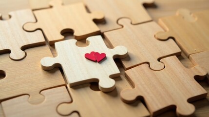 Obraz premium Two Interlocking Wooden Puzzle Pieces with Miniature Hearts Representing Connection and Unity