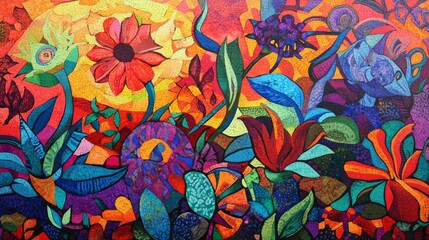 Vibrant floral mural featuring a variety of colorful flowers and abstract designs in a lively setting
