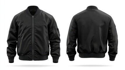 Black blank bomber jacket, front and back view, isolated on white background