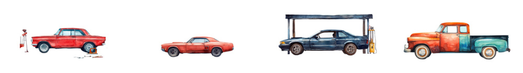 Vintage Classic Car Collection on Display in Garage Workshop   Diverse Automotive Treasures from Different Eras Showcased in Meticulously Restored Condition