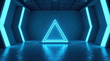 Obraz premium Abstract Futuristic Space with Glowing Neon Triangle and Reflective Floor