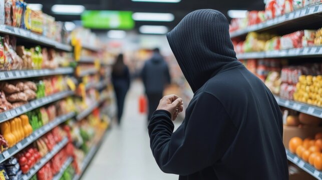 Thief alert in a supermarket with employees noticing suspicious behavior. Featuring quick detection and store protection