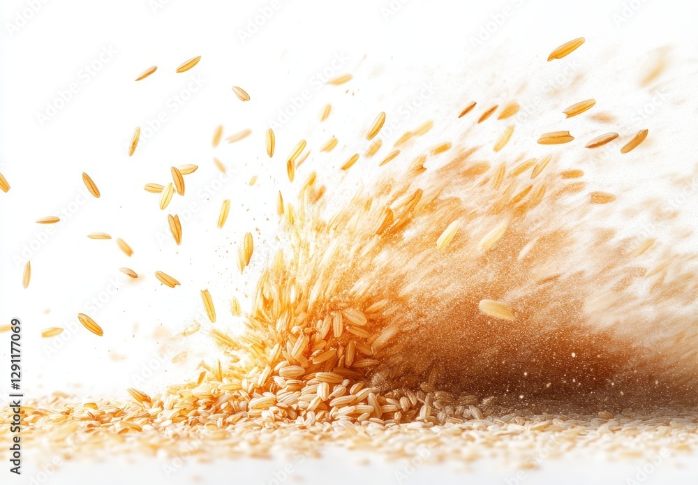 Poster dynamic splash of raw rice grains creating a beautiful texture against a bright white background in 