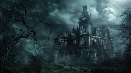 Obraz premium Eerie Haunted House Horror Scene Background with Spooky Atmosphere, Creepy Victorian Mansion, Ghostly Shadows, and Halloween Decoration for Dark Fantasy Design