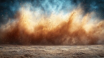 A cloud of dust and sand explodes across the foreground