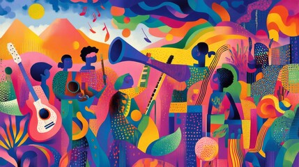 Obraz premium Vibrant mural depicting a lively music festival with diverse musicians and colorful scenery