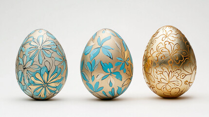 Eggs, turquoise and beige, covered with gold paint, are placed on a white background. The eggs have smooth surfaces, which reflects their different textures. 