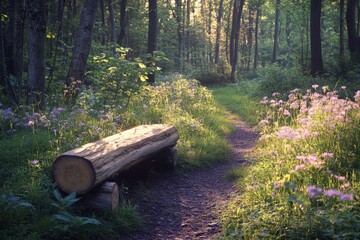 Idyllic forest path surrounded by lush greenery and wooden logs