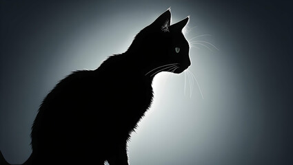 Silhouetted black cat against a spotlight background, creating a mysterious and dramatic profile.