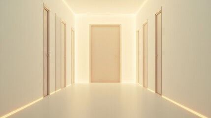 Fototapeta premium Bright hallway with multiple doors, soft lighting creating seren