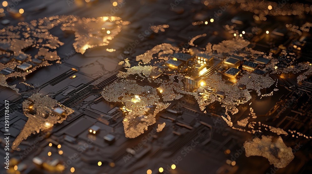 Aufkleber a close-up view of a stylized world map illuminated with golden lights, representing a blend of tech
