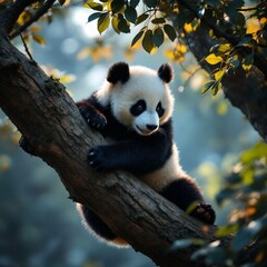 Panda trying to get down from the tree