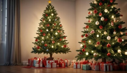 Decorated Christmas tree with ornaments and lights, twinkling lights, evergreen branches, silver balls