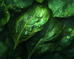 Photo realistic macro shot of fresh leafy green like spinach kale dew droplet visible leaf vibrant green tone soft natural lighting intricate texture centered composition golden ratio alignment ultra