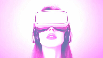 Woman Wearing VR Headset in Pink and Purple Immersive Digital Experience
