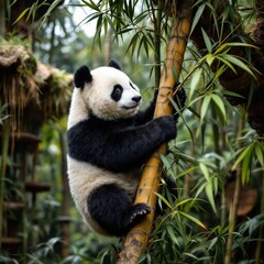 Panda climbing a bamboo tree 