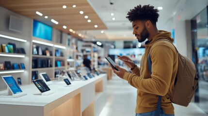Thief alert in a tech store, customer noticing unusual behavior. Featuring swift reaction and tech product protection