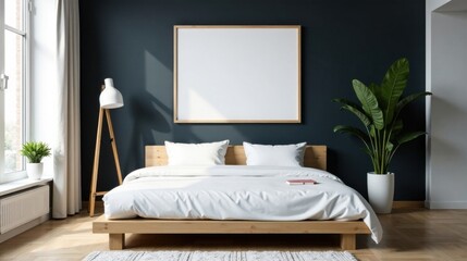 Modern Bedroom Interior Design with Minimalist Decor and Blank Canvas for Artwork