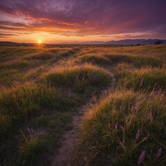 A dreamy grassland under an orange and purple sunset, with a trail lined by small white lights.