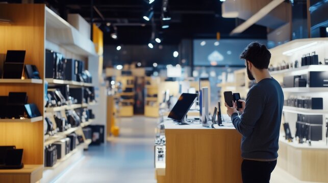 Thief alert in a tech store, employee noticing suspicious activity. Featuring swift response and electronics protection