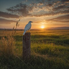 A soft, glowing sunset with a view of endless grasslands and a white bird perched on a wooden post.