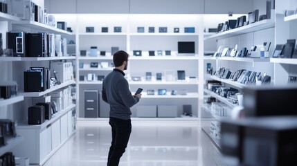 Thief alert in a tech store, employee noticing suspicious behavior. Featuring swift response and tech product protection