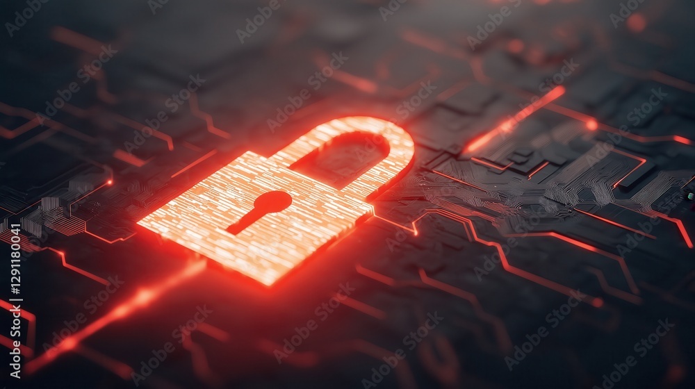 Aufkleber glowing red lock symbol on fractured digital background with high-tech elements