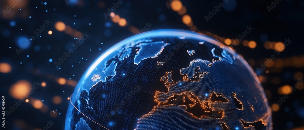 Poster holographic globe surrounded by floating data points in a futuristic digital environment