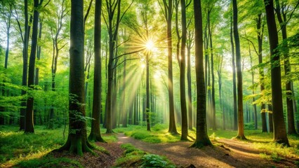Obraz premium Dense forest with tall trees and sunlight filtering through leaves, trail, forest atmosphere, outdoors, sunlight