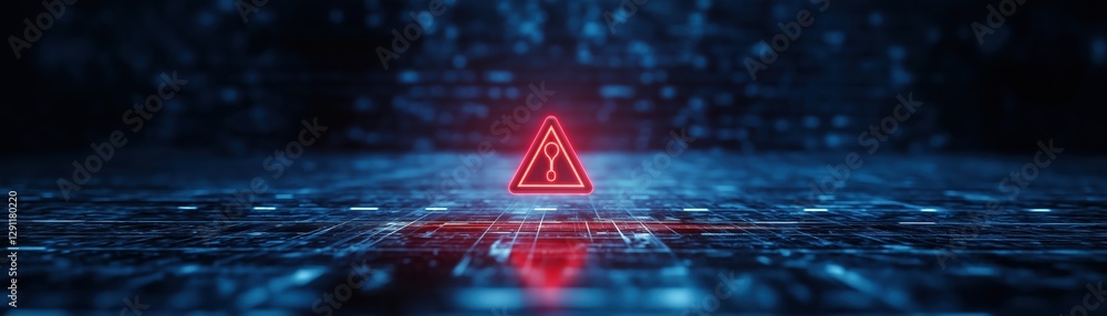 Poster holographic warning lock with red triangle on digital background