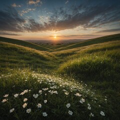 A quiet hill covered in grass, with the last rays of the sunset painting the sky and soft white petals falling.