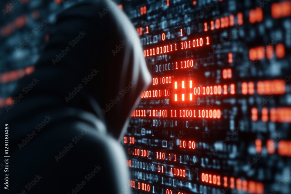 Aufkleber mysterious cyber thief surrounded by flashing red codes in digital environment